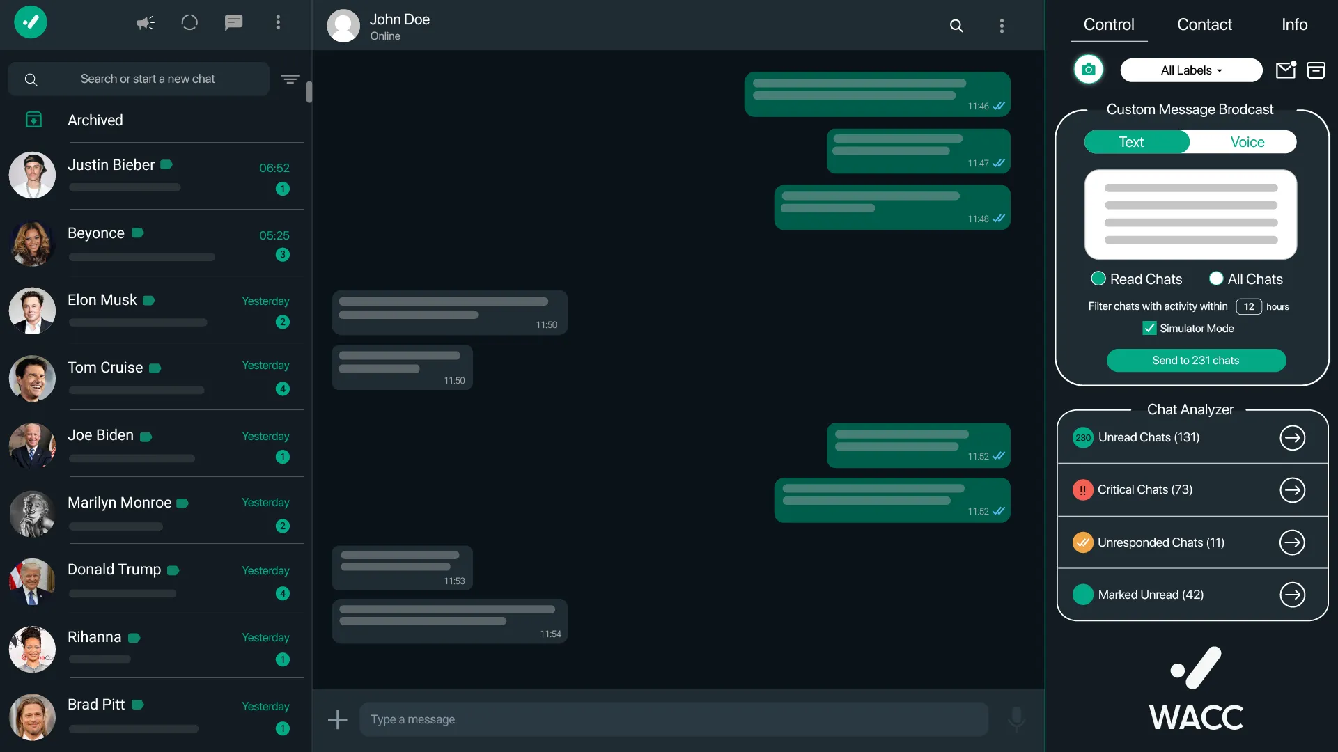 WACC control panel overlaid on WhatsApp